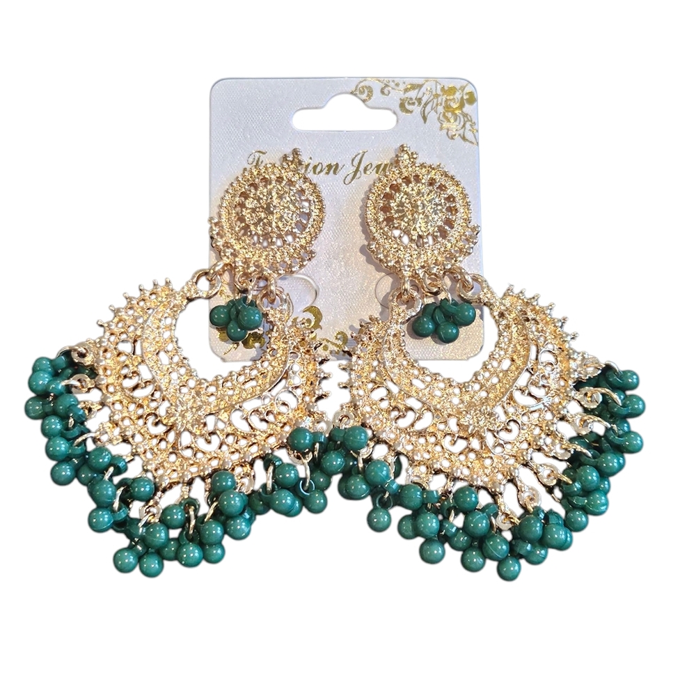 NWT - Gold and Green Filigree Earrings with Green BeadAccents